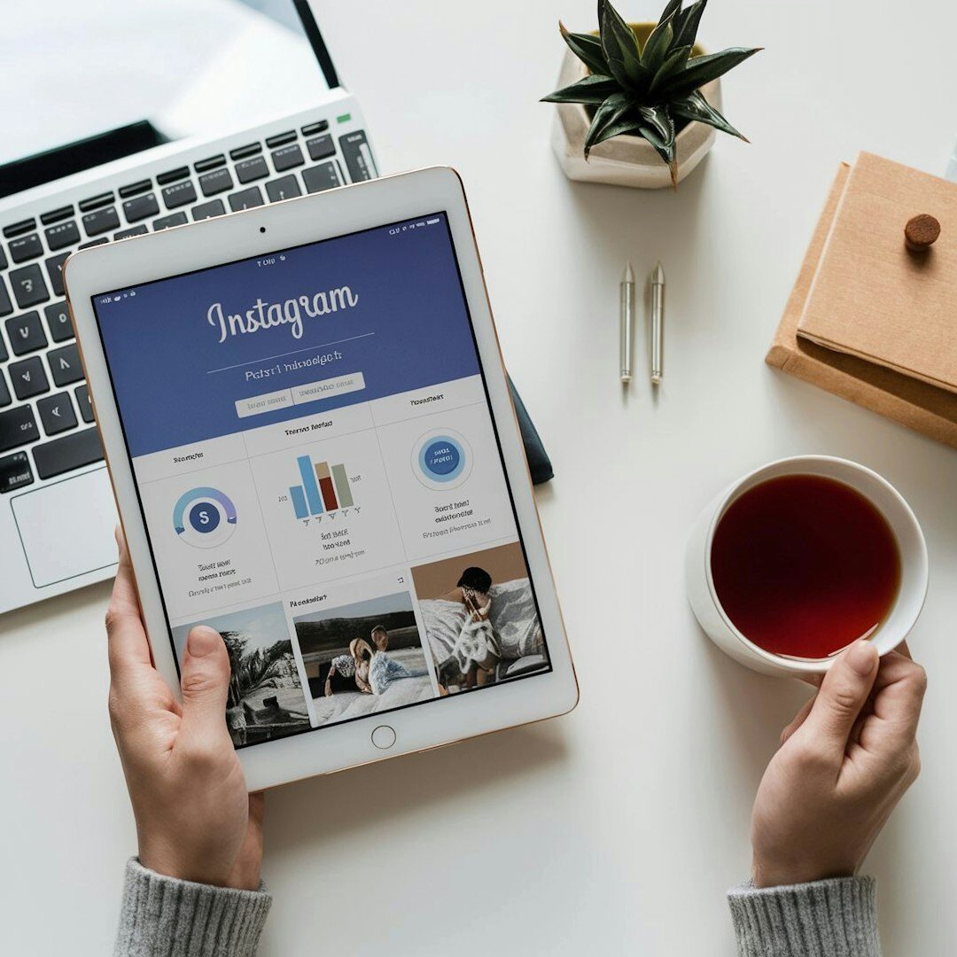 Social media manager publishing news photos and captions on a tablet