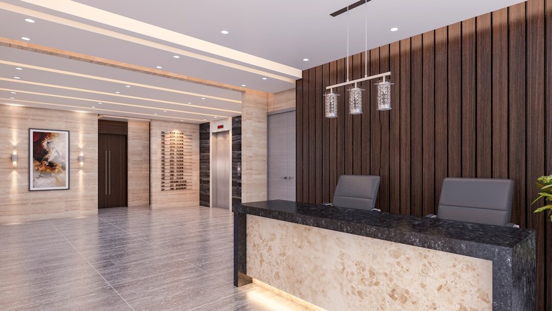 Modern media training office reception area with natural light